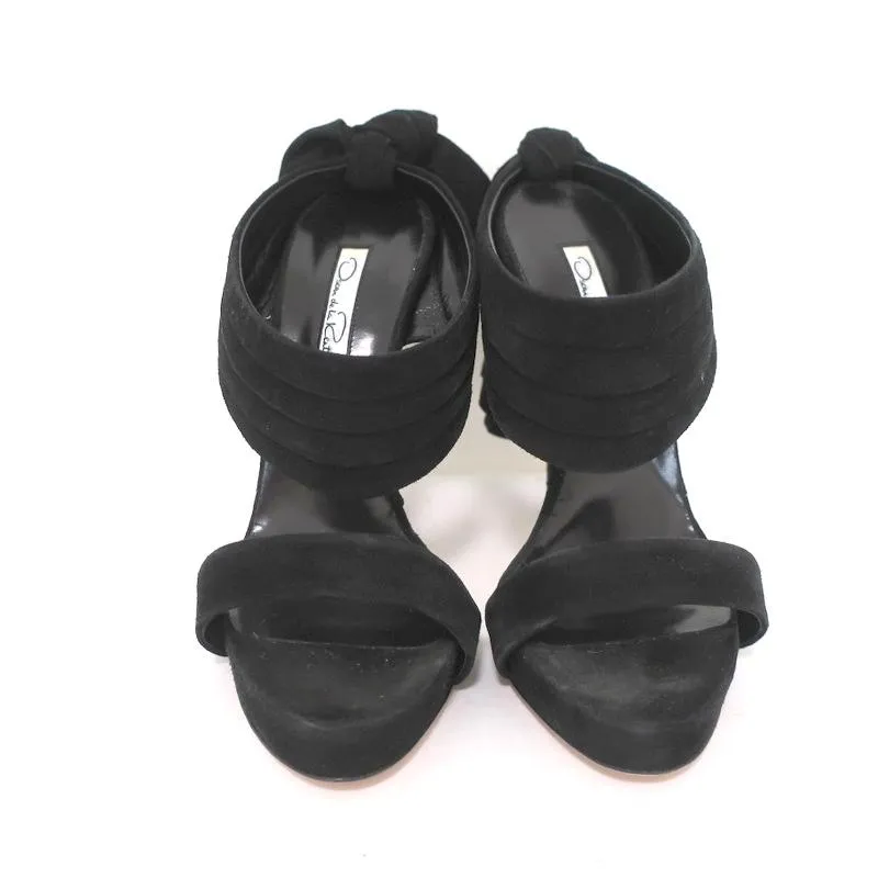 Oscar de la Renta Sandales à Talon Nœud Suède Noir Sable Taille 38.5 Mules à Plateforme