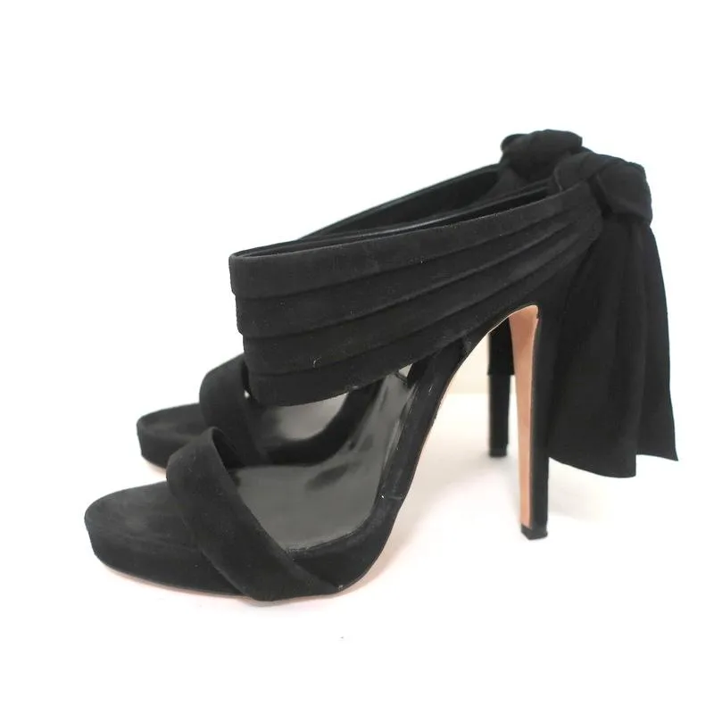Oscar de la Renta Sandales à Talon Nœud Suède Noir Sable Taille 38.5 Mules à Plateforme