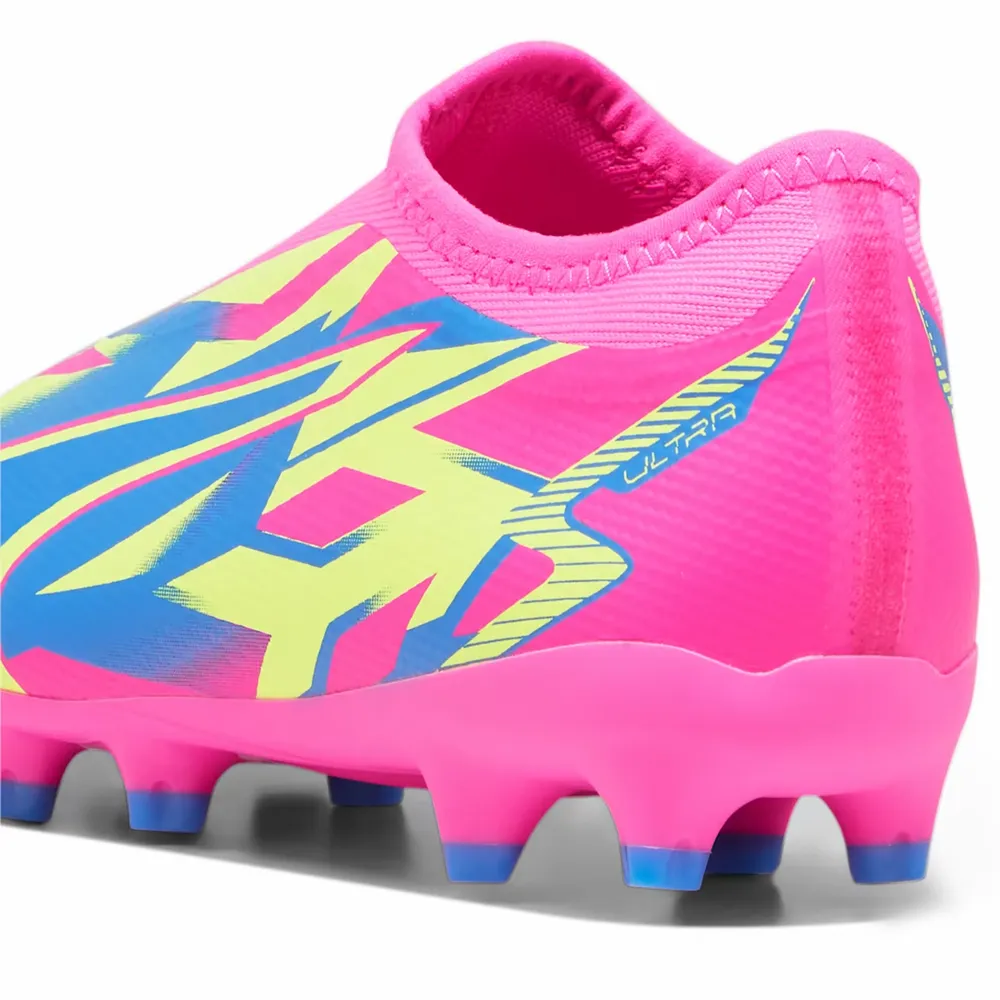 Chaussures de football Puma Junior Laceless Ultra Match FG/MG pour terrain sec - Rose - Alerte Jaune - Bleu Ultra