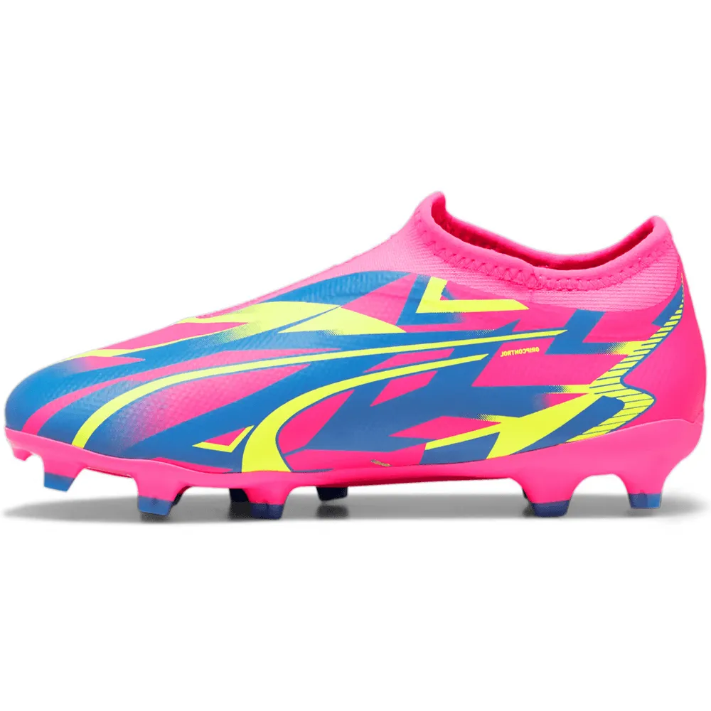 Chaussures de football Puma Junior Laceless Ultra Match FG/MG pour terrain sec - Rose - Alerte Jaune - Bleu Ultra