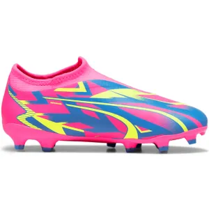 Chaussures de football Puma Junior Laceless Ultra Match FG/MG pour terrain sec - Rose - Alerte Jaune - Bleu Ultra