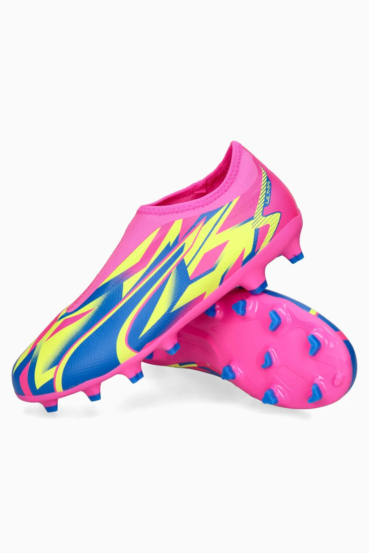 Chaussures de football Puma Junior Laceless Ultra Match FG/MG pour terrain sec - Rose - Alerte Jaune - Bleu Ultra