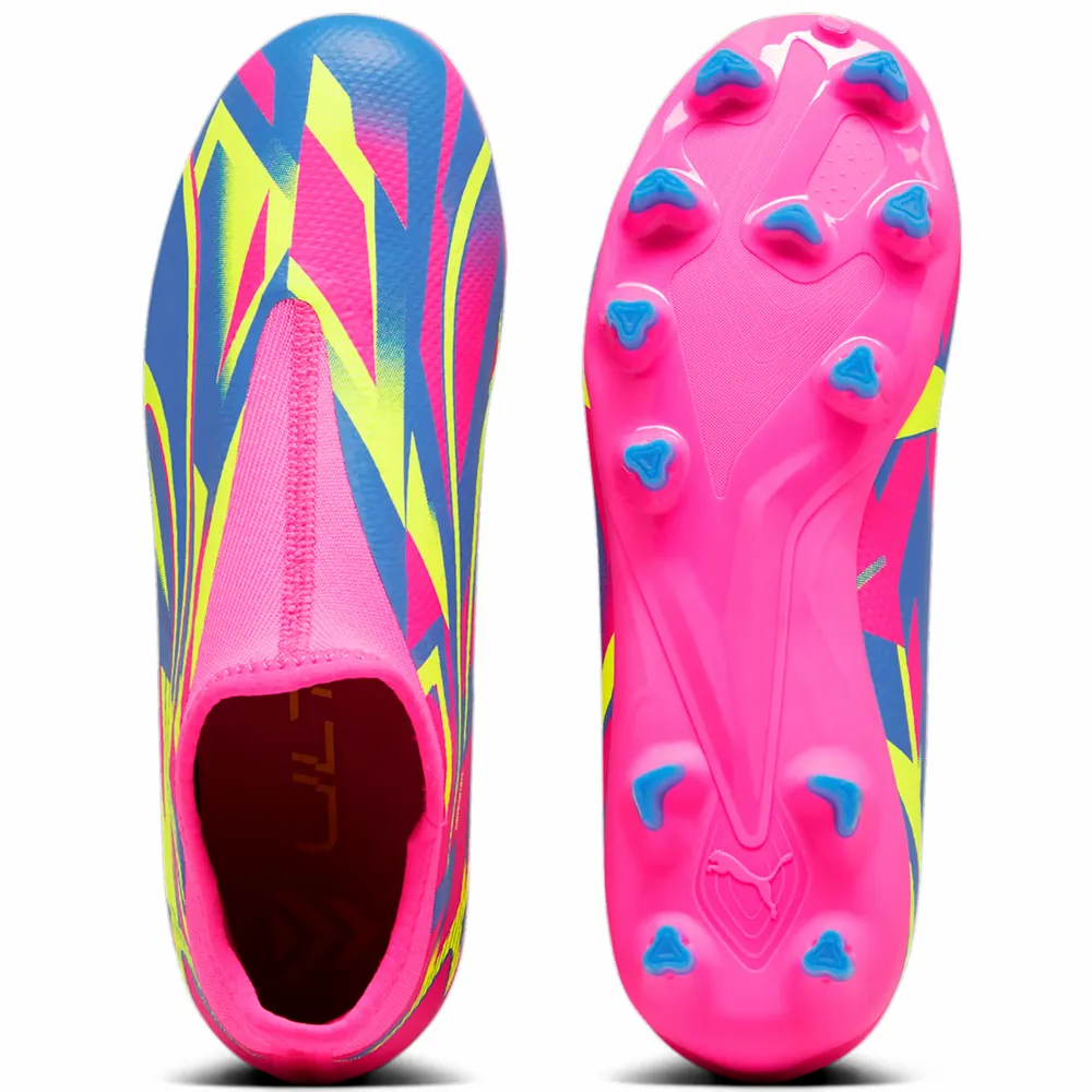 Chaussures de football Puma Junior Laceless Ultra Match FG/MG pour terrain sec - Rose - Alerte Jaune - Bleu Ultra